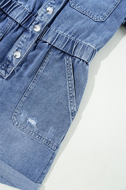 Chest Pocket Front Buttoned Folded Edge Denim Short Sleeve Romper - Premium Women / Jeans & Denim from Trendsi - Just $62.04! Shop now at Handbags Specialist Headquarter