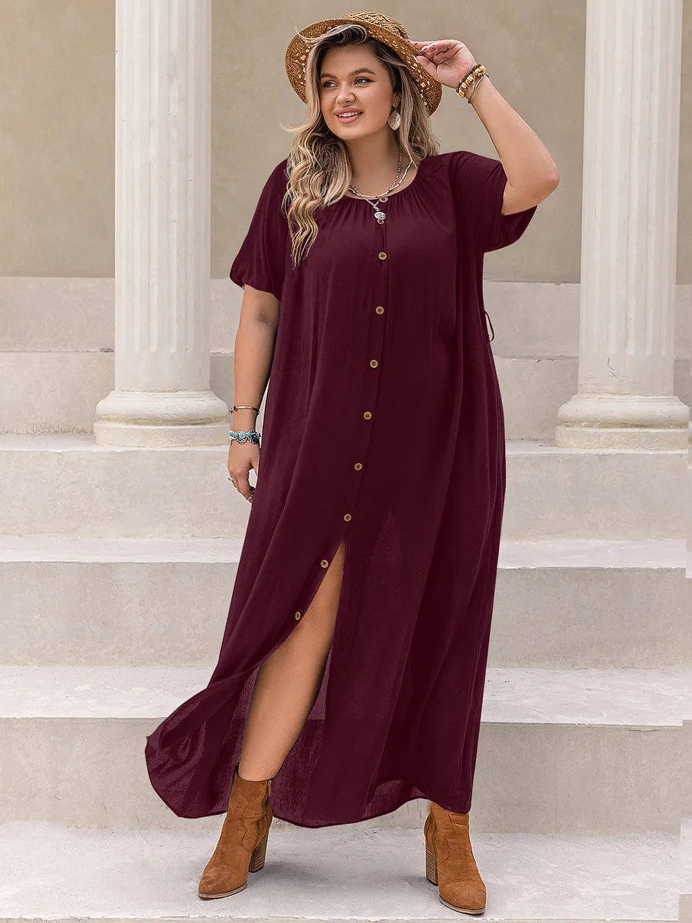 Plus Size Round Neck Half Sleeve Dress - Premium Dresses from Trendsi - Just $45.99! Shop now at Handbags Specialist Headquarter