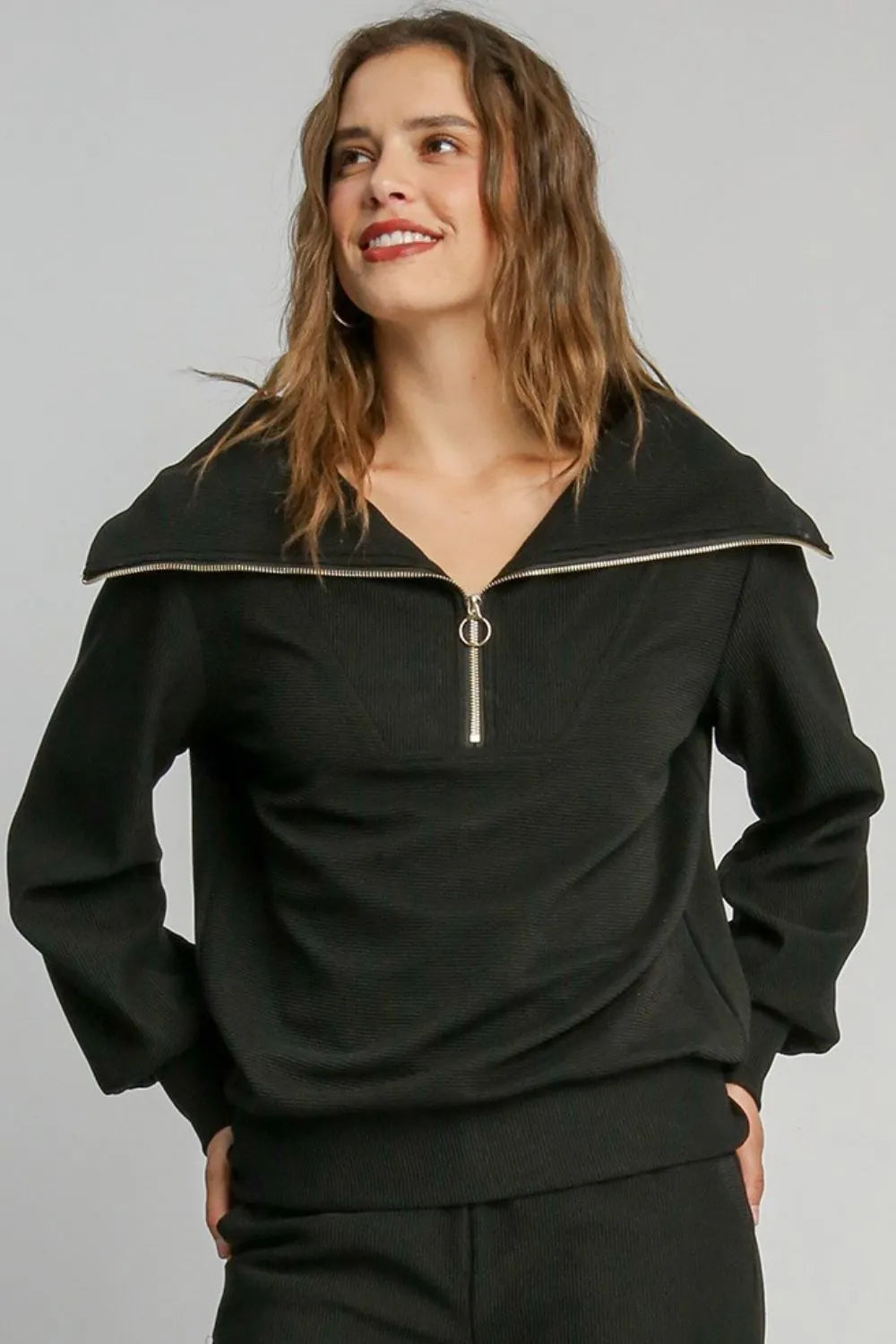 Umgee Full Size Ribbed Knit Half Zipper Sweatshirt Plus Size - Premium Dresses from Trendsi - Just $53.99! Shop now at Handbags Specialist Headquarter
