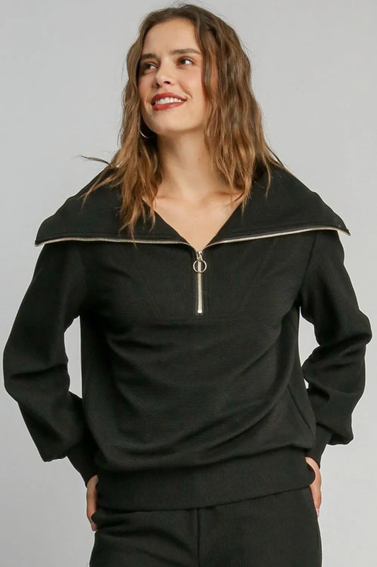 Umgee Full Size Ribbed Knit Half Zipper Sweatshirt Plus Size - Premium Dresses from Trendsi - Just $53.99! Shop now at Handbags Specialist Headquarter