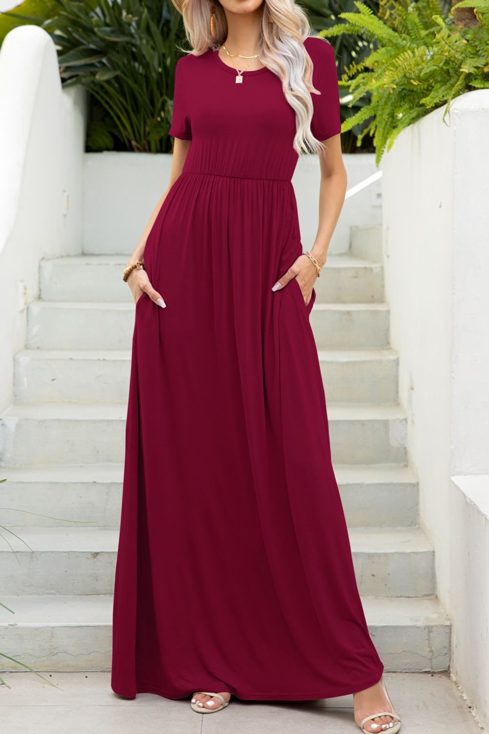 Round Neck Maxi Tee Dress with Pockets - Premium Maxi Dress from Trendsi - Just $45.99! Shop now at Handbags Specialist Headquarter