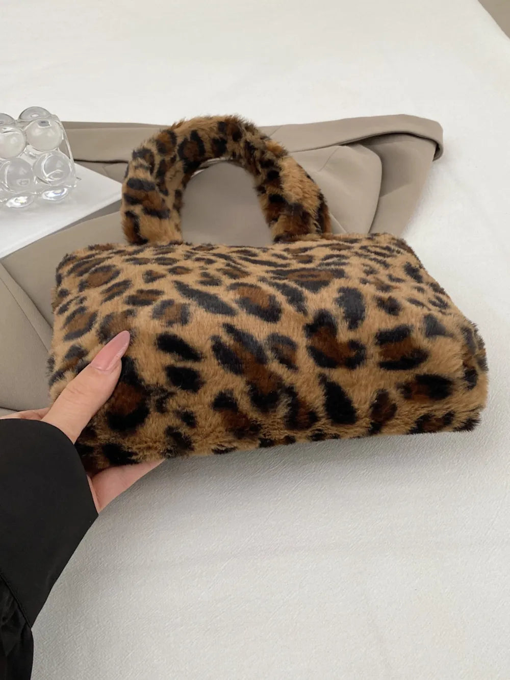 Leopard Fluff Handbag with Zip - Premium handbags from Trendsi - Just $14.99! Shop now at Handbags Specialist Headquarter