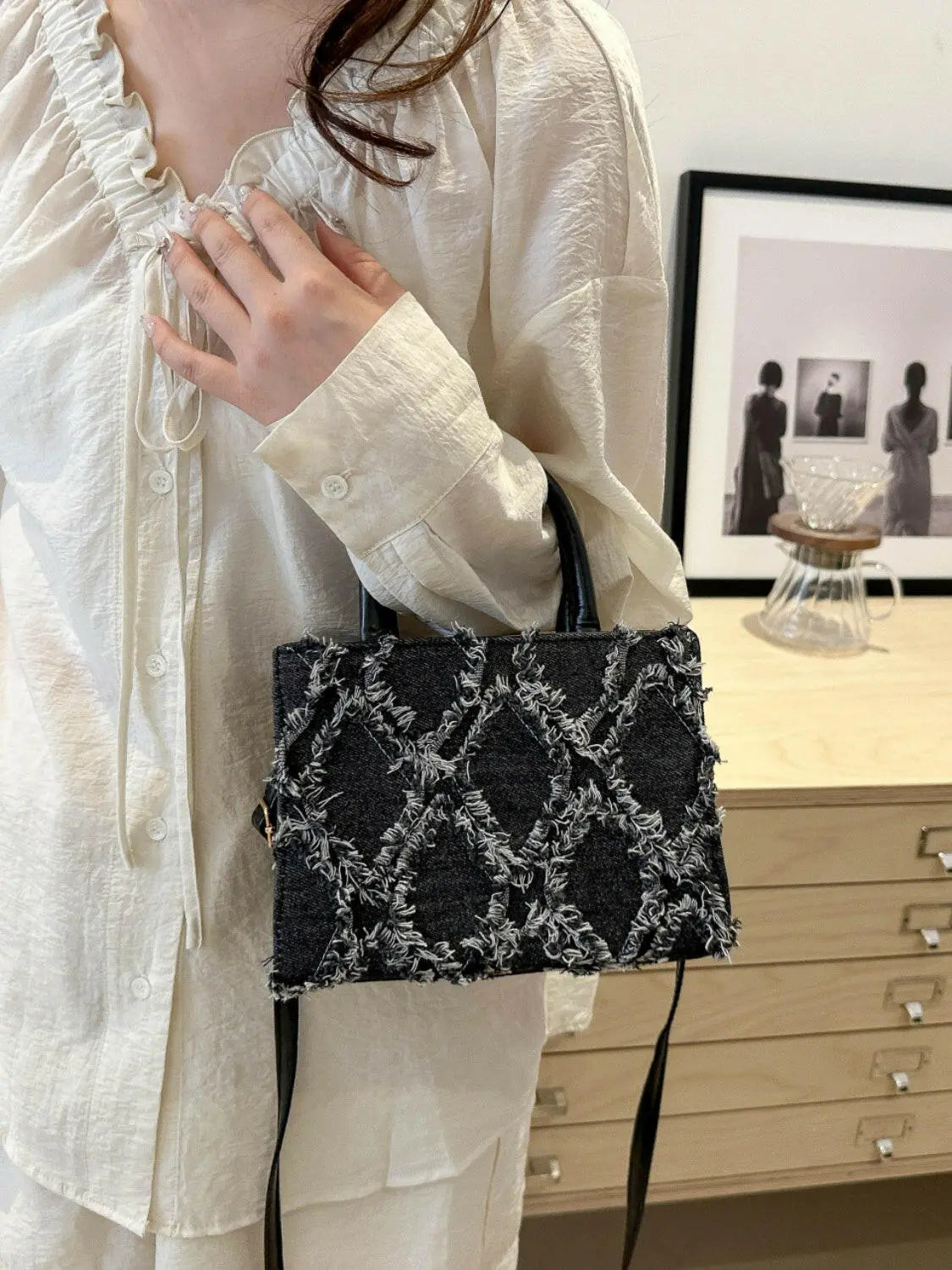 Raw Hem Denim PU Leather Handbag.