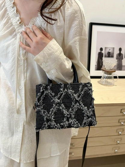 Raw Hem Denim PU Leather Handbag.