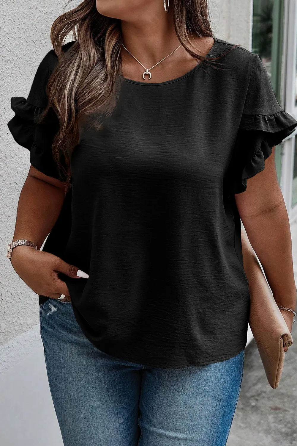 Plus Size Ruffled Round Neck Short Sleeve Blouse - Premium Plus Size Shirts from Trendsi - Just $20! Shop now at Handbags Specialist Headquarter