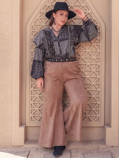 Plus Size Ruffled Printed Notched Long Sleeve Blouse - Premium Plus Size Shirts from Trendsi - Just $31.52! Shop now at Handbags Specialist Headquarter