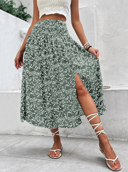 Slit Smocked Printed Skirt - Premium Skirts from Trendsi - Just $32.99! Shop now at Handbags Specialist Headquarter