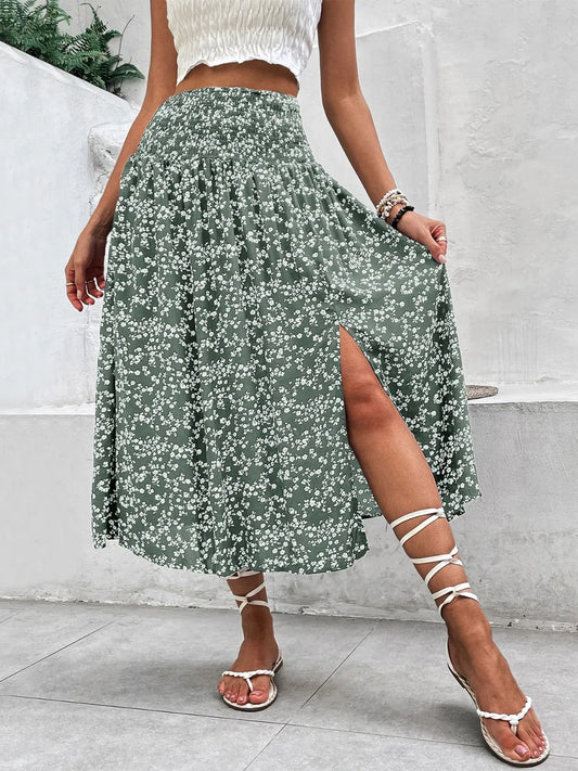 Slit Smocked Printed Skirt - Premium Skirts from Trendsi - Just $32.99! Shop now at Handbags Specialist Headquarter