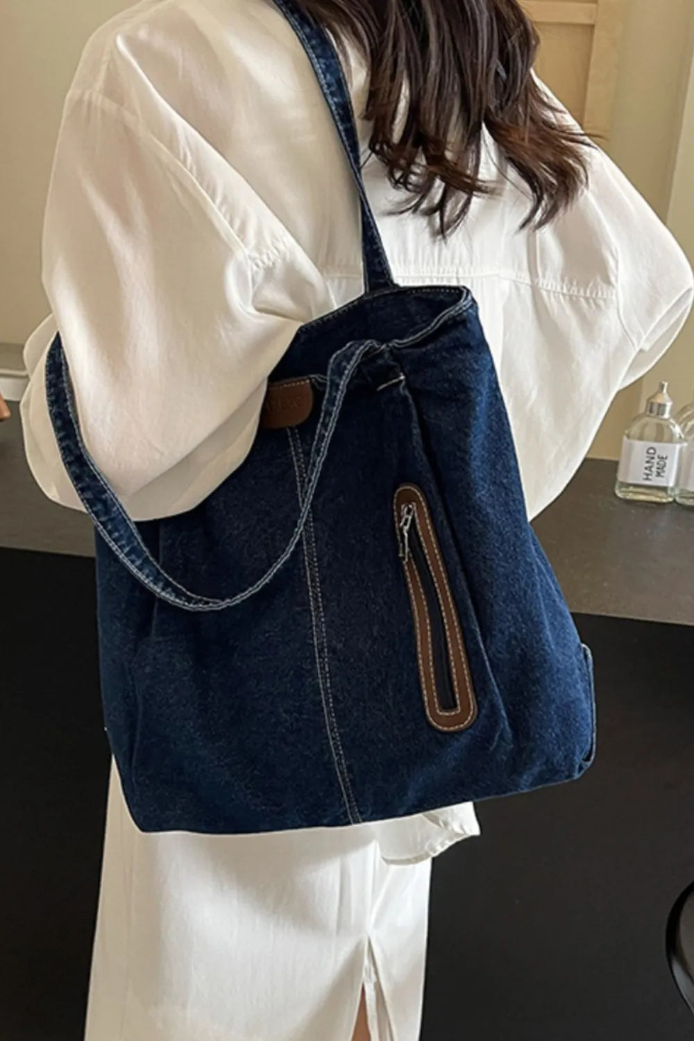 Medium Denim Tote Bag - Premium Tote Bag from Trendsi - Just $32.99! Shop now at Handbags Specialist Headquarter
