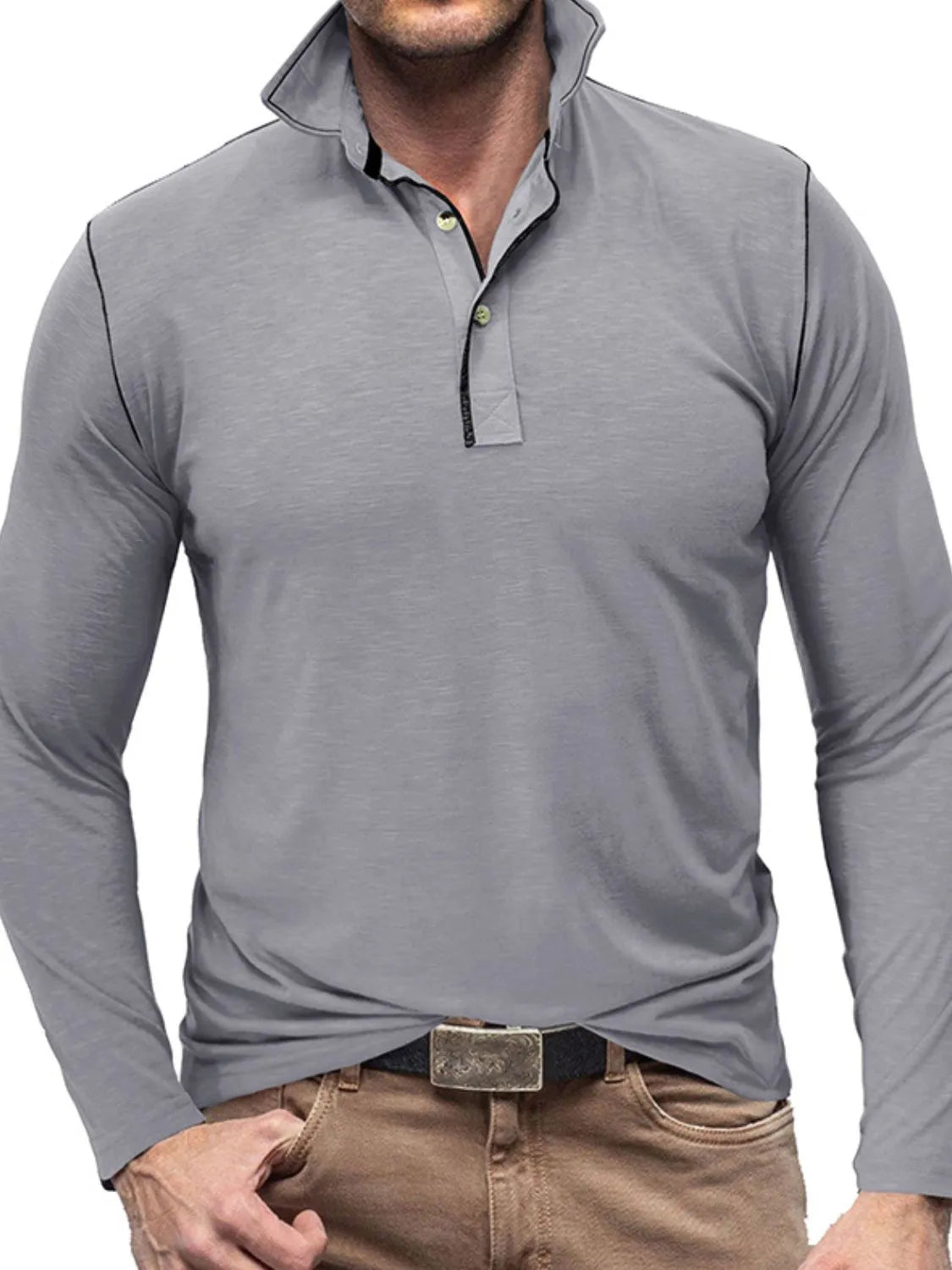 Men's Button Detail Long Sleeve Polo - Premium Men's Polo shirt from Trendsi - Just $38.99! Shop now at Handbags Specialist Headquarter