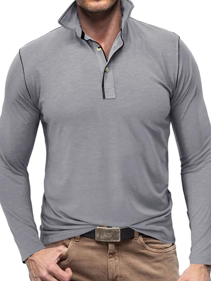 Men's Button Detail Long Sleeve Polo - Premium Men's Polo shirt from Trendsi - Just $38.99! Shop now at Handbags Specialist Headquarter