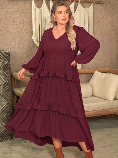 Plus Size Ruffled V-Neck Long Sleeve Dress - Premium Dresses from Trendsi - Just $46.99! Shop now at Handbags Specialist Headquarter