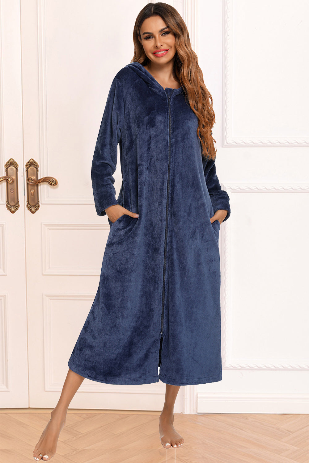 Zip Front Hooded Night Dress with Pockets - Premium Sleepwear from Trendsi - Just $60.99! Shop now at Handbags Specialist Headquarter