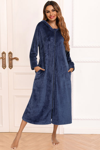 Zip Front Hooded Night Dress with Pockets - Premium Sleepwear from Trendsi - Just $60.99! Shop now at Handbags Specialist Headquarter