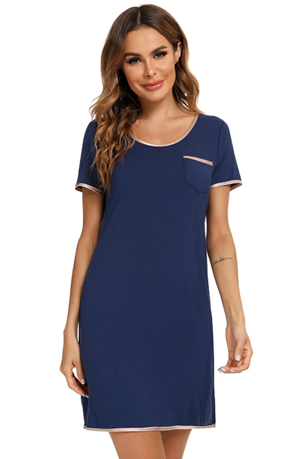 Contrast Trim Pocketed Round Neck Lounge Dress - Premium Sleepwear from Trendsi - Just $27.99! Shop now at Handbags Specialist Headquarter