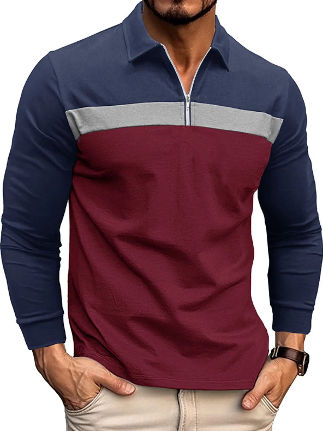 Men's Color Block Long Sleeve Polo Shirt - Premium Men's Polo shirt from Trendsi - Just $39.99! Shop now at Handbags Specialist Headquarter