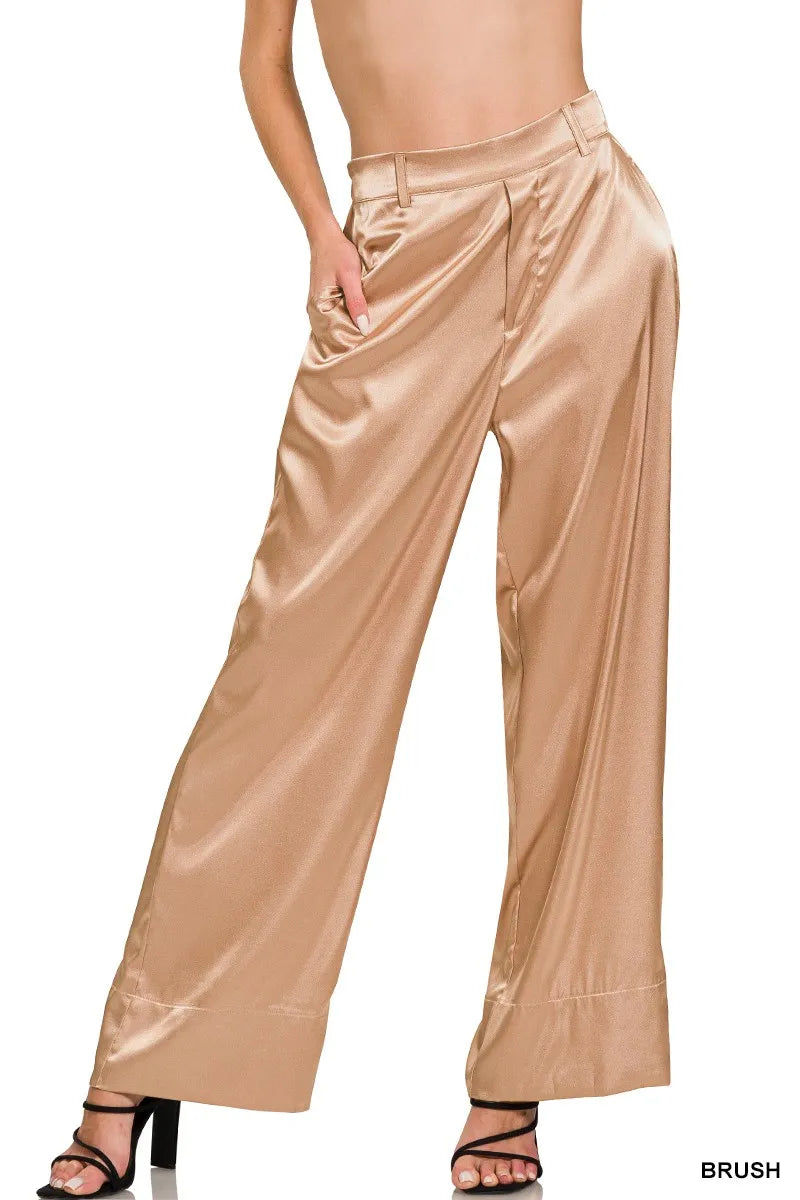 Zenana Wide-Leg Satin Pants - Premium Women Pants from Trendsi - Just $26.99! Shop now at Handbags Specialist Headquarter