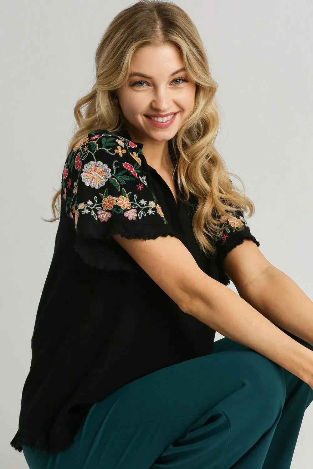 Umgee Full Size Linen Shirt with Embroidered Sleeves Plus Size - Premium Dresses from Trendsi - Just $60.99! Shop now at Handbags Specialist Headquarter