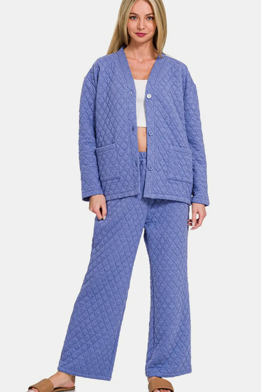Zenana Quilted Button Up Long Sleeve Top and Pants Lounge Set - Premium Sleepwear from Trendsi - Just $46.99! Shop now at Handbags Specialist Headquarter