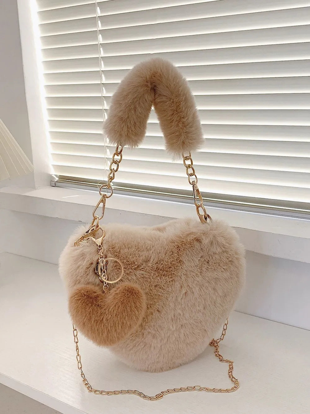 Heart Shape Faux Fur Handbag - Premium handbags from Trendsi - Just $19.99! Shop now at Handbags Specialist Headquarter
