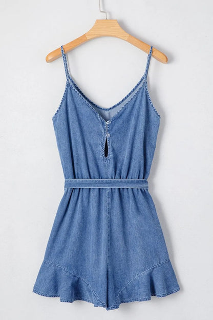 Spaghetti Straps V Neck Belted Ruffled Leg Chambray Romper - Premium Women / Jeans & Denim from Trendsi - Just $45.60! Shop now at Handbags Specialist Headquarter