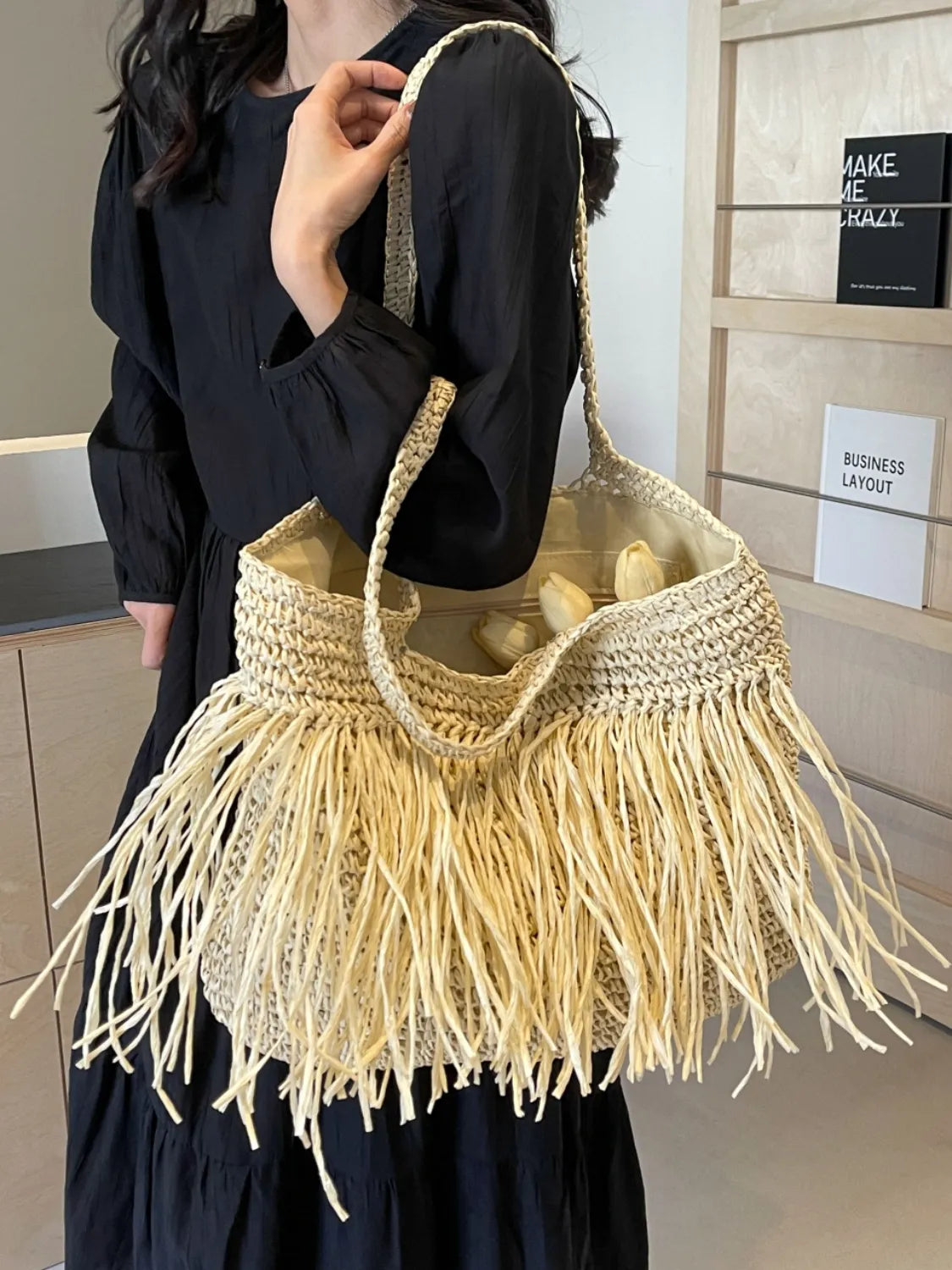 Bohemian Straw Fringe Hobo Handbag - Premium handbags from Trendsi - Just $47.99! Shop now at Handbags Specialist Headquarter