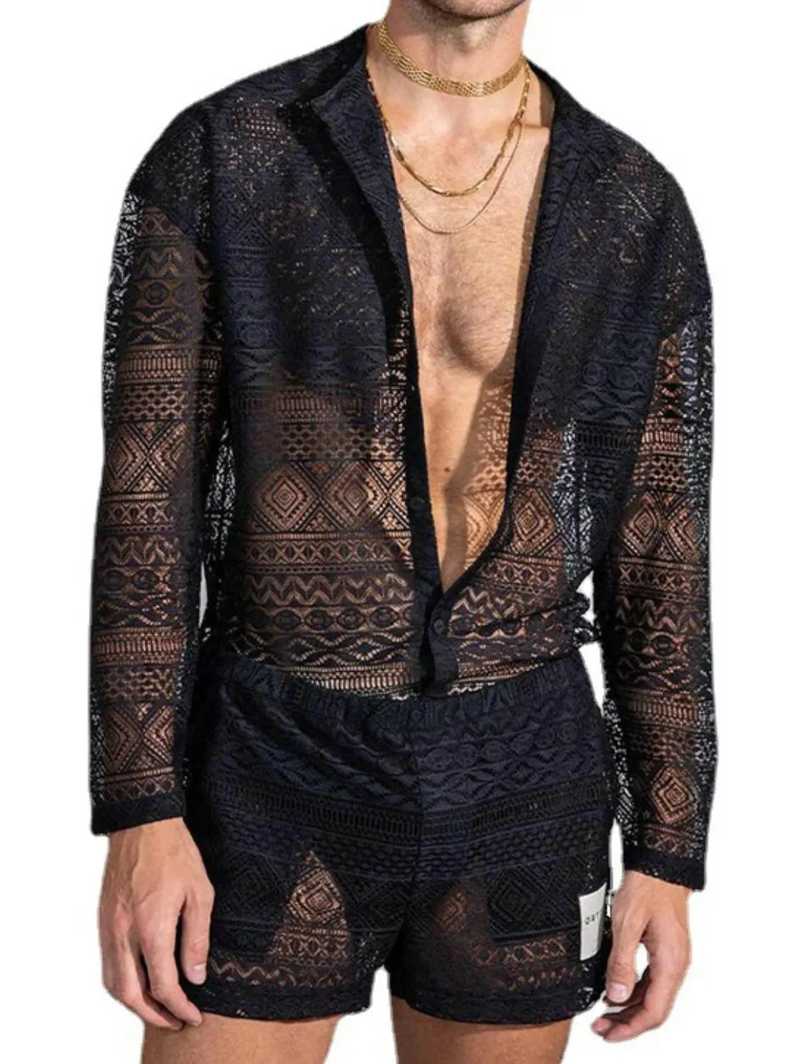 Men's Full Size Lace Button Down Top and Shorts Set Plus Size.