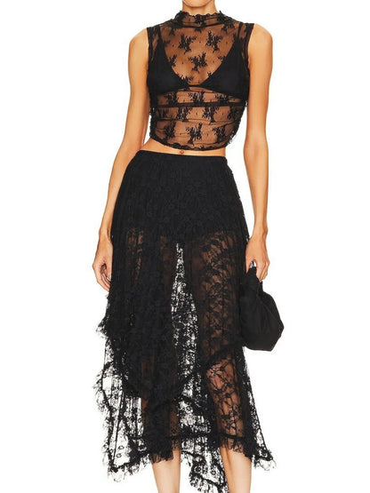 Asymmetrical Lace Midi Skirt - Premium Skirts from Trendsi - Just $41.99! Shop now at Handbags Specialist Headquarter