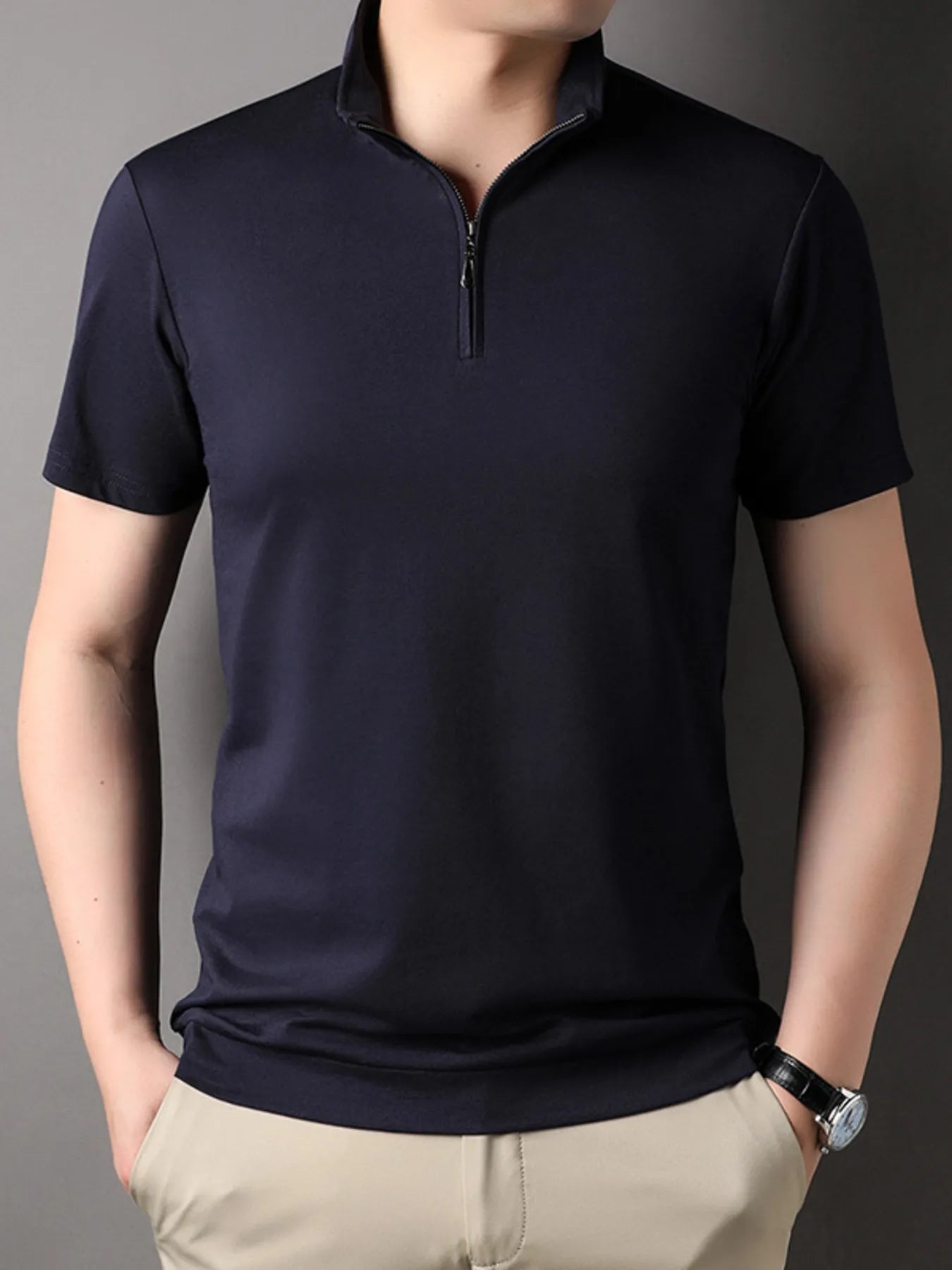 Men's Plus Size Zip Collar Short Sleeve Polo Shirt - Premium Men's Polo shirt from Trendsi - Just $46.99! Shop now at Handbags Specialist Headquarter