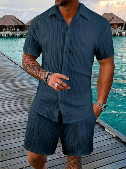 Men's Full Size Button Down Short Sleeve Shirt and Shorts Set Plus Size.