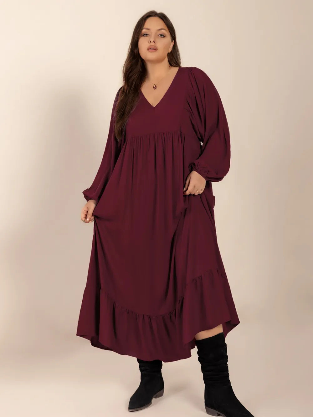 Plus Size Ruffled Hem V-Neck Balloon Sleeve Dress - Premium Dresses from Trendsi - Just $38.99! Shop now at Handbags Specialist Headquarter