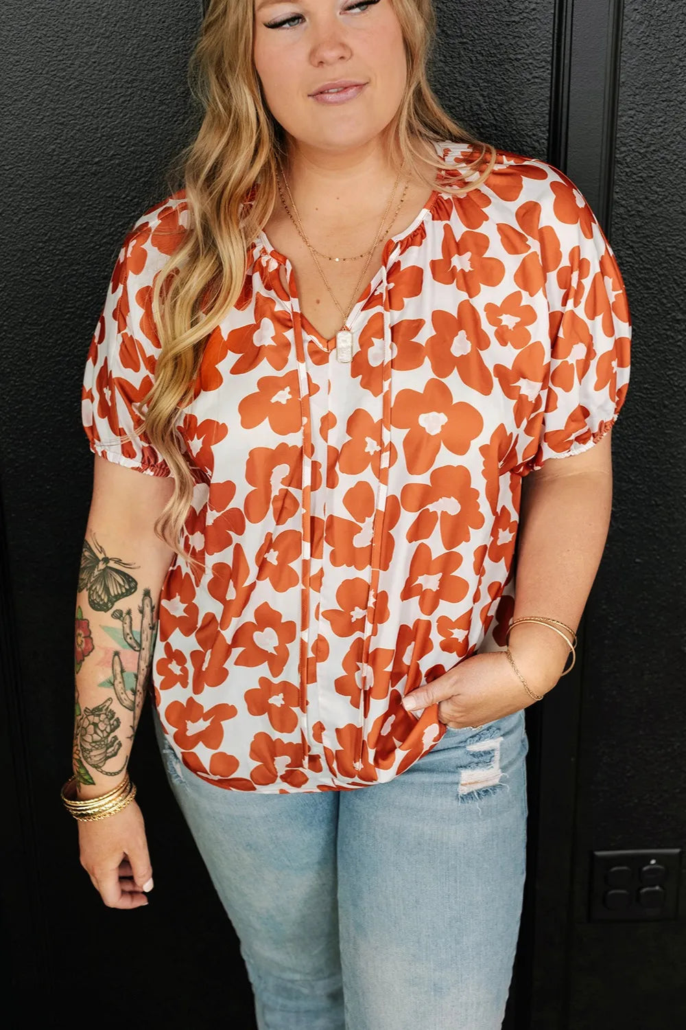 Plus Size Printed Tie Neck Short Sleeve Blouse - Premium Plus Size Shirts from Trendsi - Just $21! Shop now at Handbags Specialist Headquarter