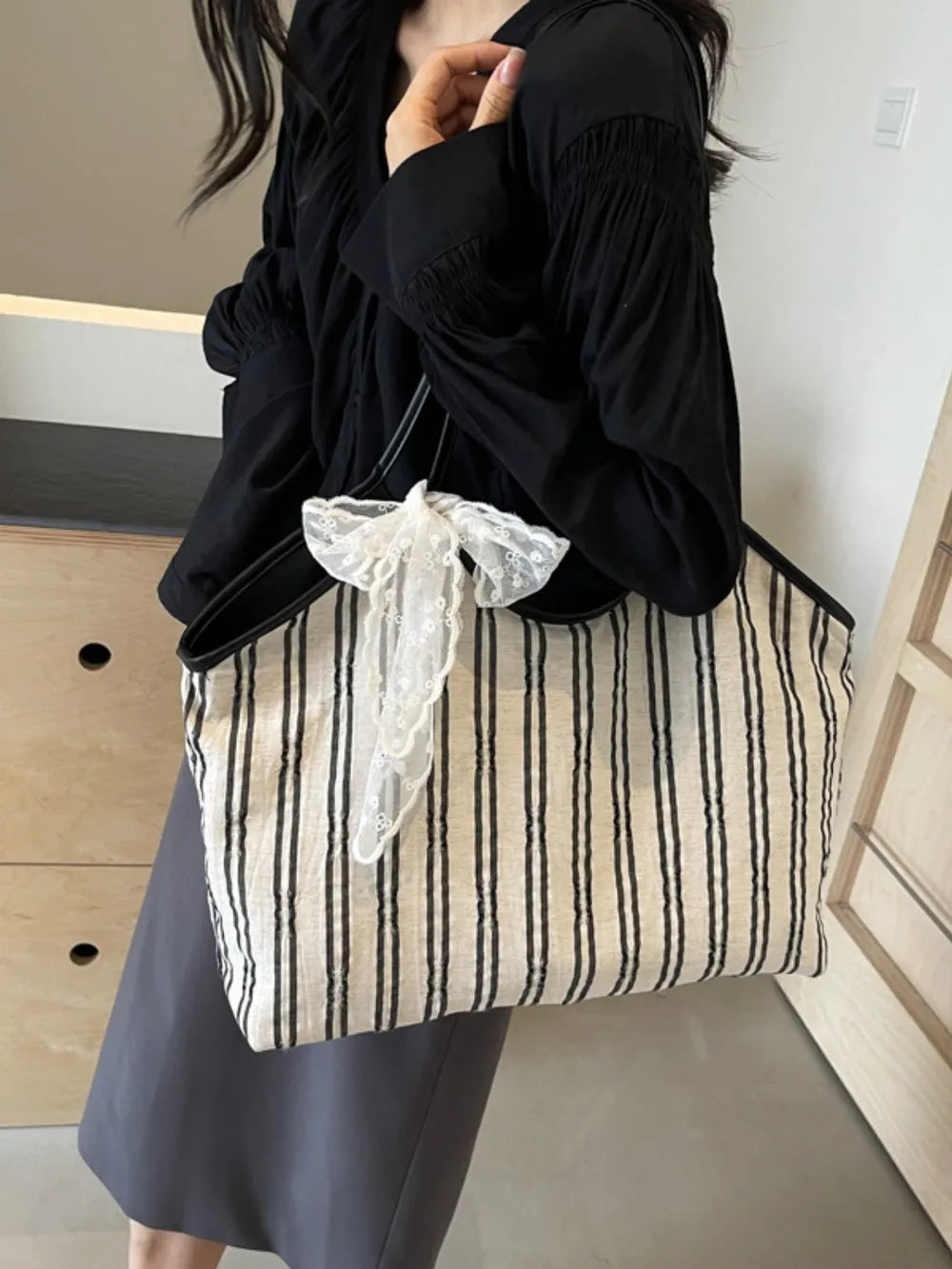Striped Canvas Tote Bag - Premium Tote Bag from Trendsi - Just $39.99! Shop now at Handbags Specialist Headquarter