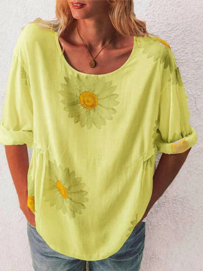 Full Size Flower Round Neck Half Sleeve T-Shirt Plus Size.