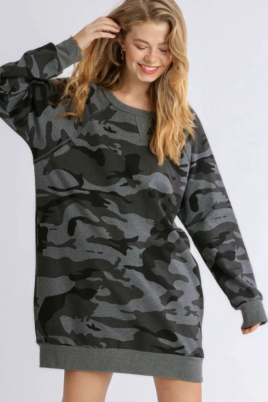 Umgee Full Size Camo Print Ribbed Hem French Terry Mini Dress Plus Size - Premium Dresses from Trendsi - Just $38.99! Shop now at Handbags Specialist Headquarter