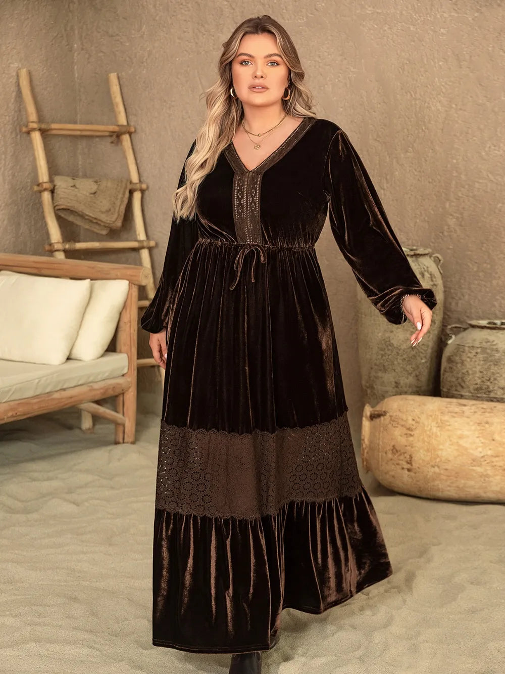 Plus Size V-Neck Balloon Sleeve Maxi Dress - Premium Dresses from Trendsi - Just $74.99! Shop now at Handbags Specialist Headquarter