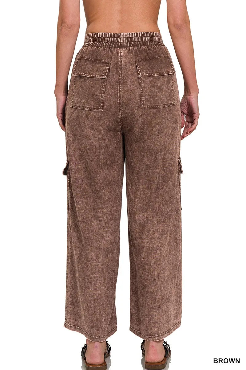 Zenana Washed Linen Elastic Band Waist Cargo Pants - Premium Women Pants from Trendsi - Just $42.99! Shop now at Handbags Specialist Headquarter