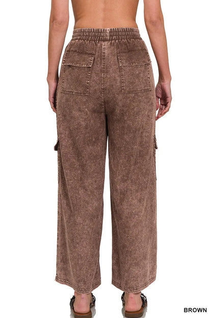 Zenana Washed Linen Elastic Band Waist Cargo Pants - Premium Women Pants from Trendsi - Just $42.99! Shop now at Handbags Specialist Headquarter