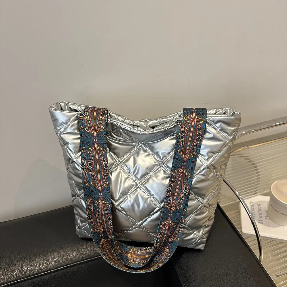 PU Leather Printed Strap Quilted Handbag - Premium Tote Bag from Trendsi - Just $27.99! Shop now at Handbags Specialist Headquarter