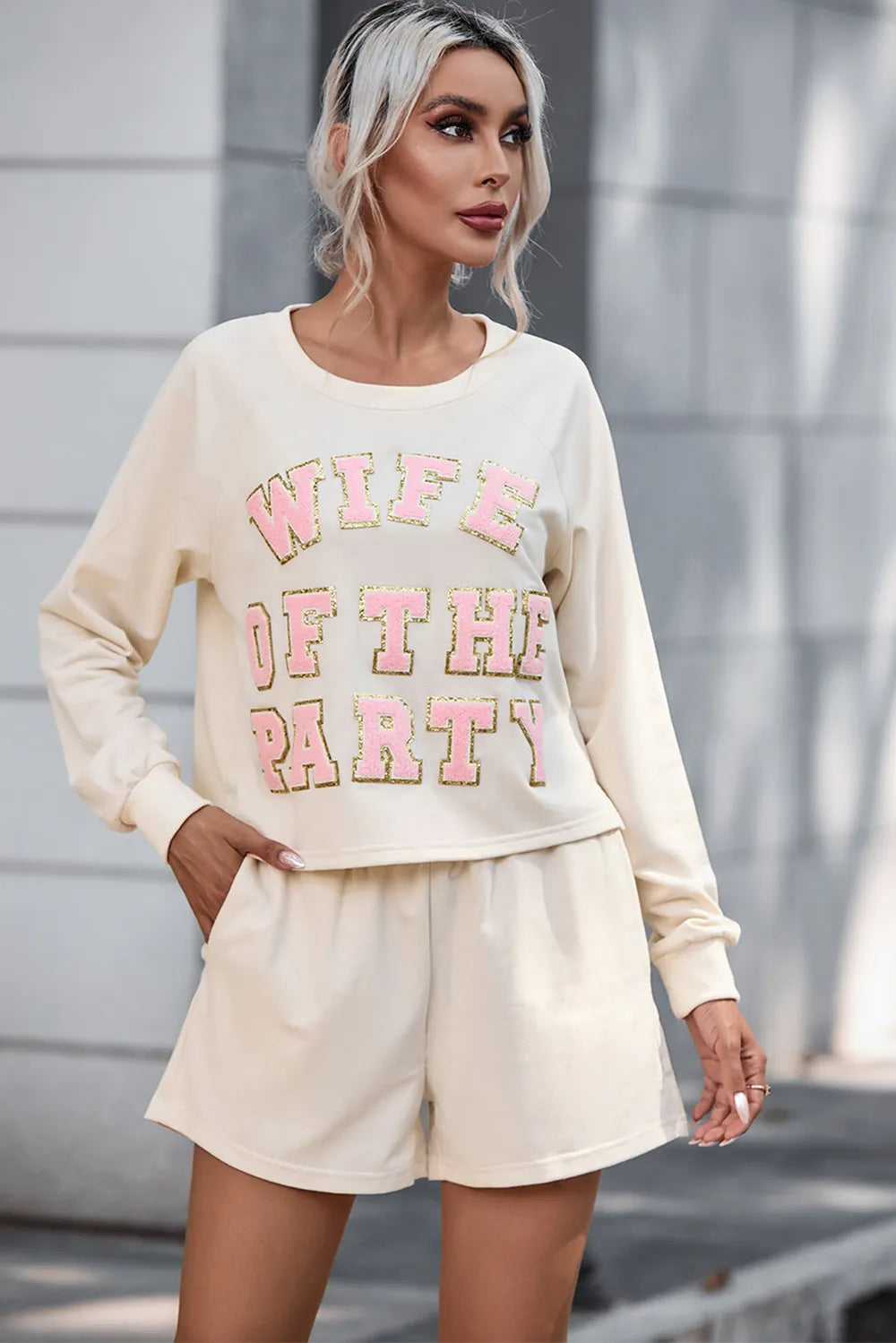 WIFE OF THE PARTY Round Neck Top and Shorts Set - Premium Sleepwear from Trendsi - Just $55.99! Shop now at Handbags Specialist Headquarter