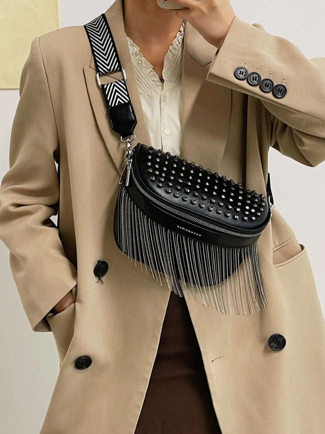 Fringe Studded PU Leather Crossbody Bag - Premium Crossbody Bag from Trendsi - Just $35.99! Shop now at Handbags Specialist Headquarter