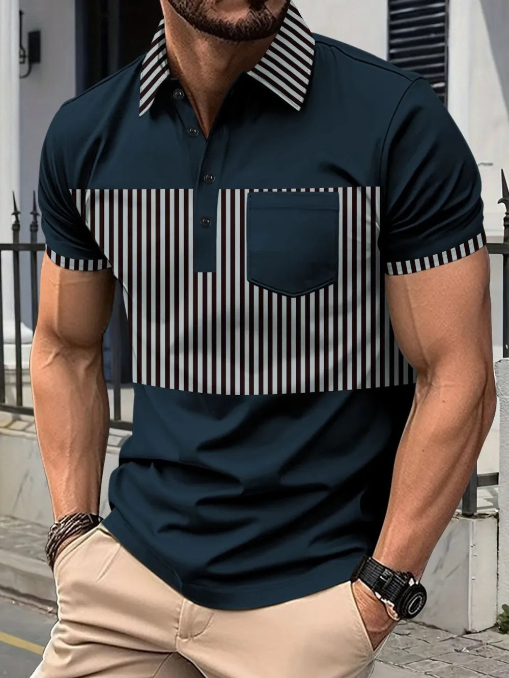 Men's Full Size Collared Contrast Striped Polo Plus Size - Premium Men's Polo shirt from Trendsi - Just $29.99! Shop now at Handbags Specialist Headquarter