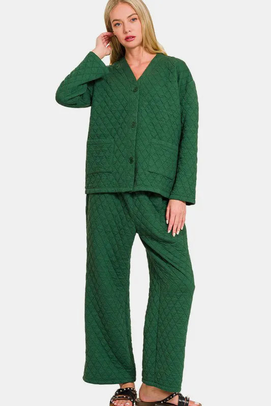 Zenana Quilted Button Up Long Sleeve Top and Pants Lounge Set - Premium Sleepwear from Trendsi - Just $46.99! Shop now at Handbags Specialist Headquarter