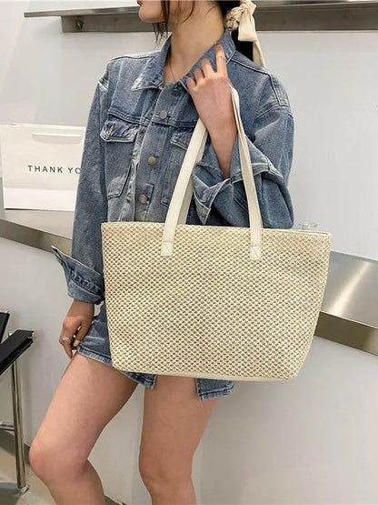 Solid Color Woven Tote Bag - Premium Tote Bag from Trendsi - Just $35.99! Shop now at Handbags Specialist Headquarter