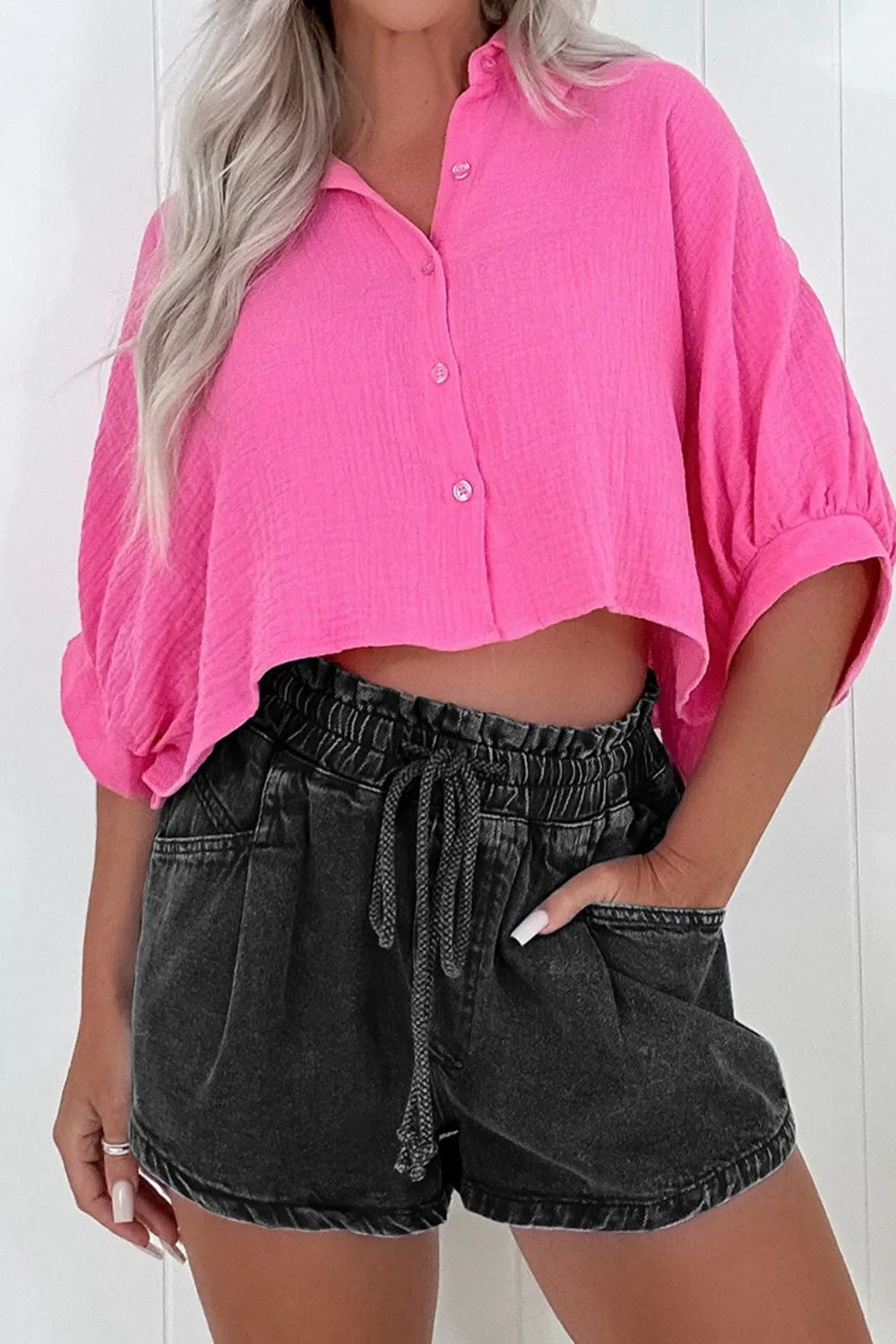 Drawstring High Waist Denim Shorts with Pockets - Premium Women / Jeans & Denim from Trendsi - Just $34.12! Shop now at Handbags Specialist Headquarter