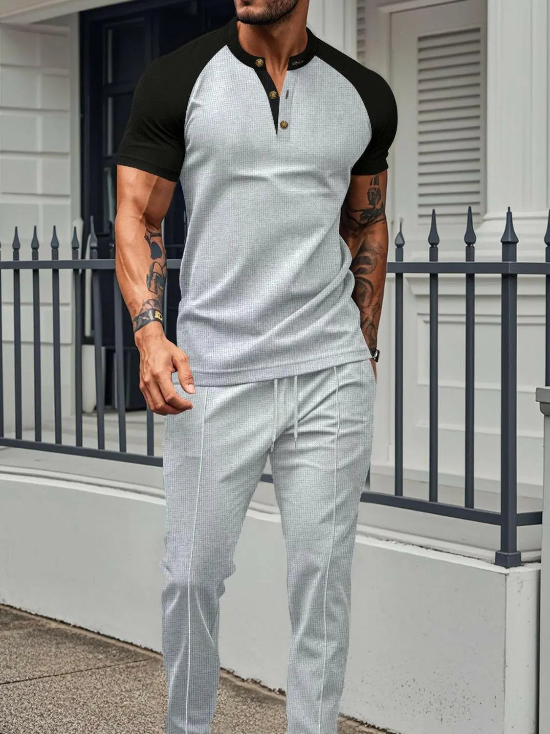 Men's Full Size Waffle-Knit Contrast Top and Drawstring Pants Set Plus Size.