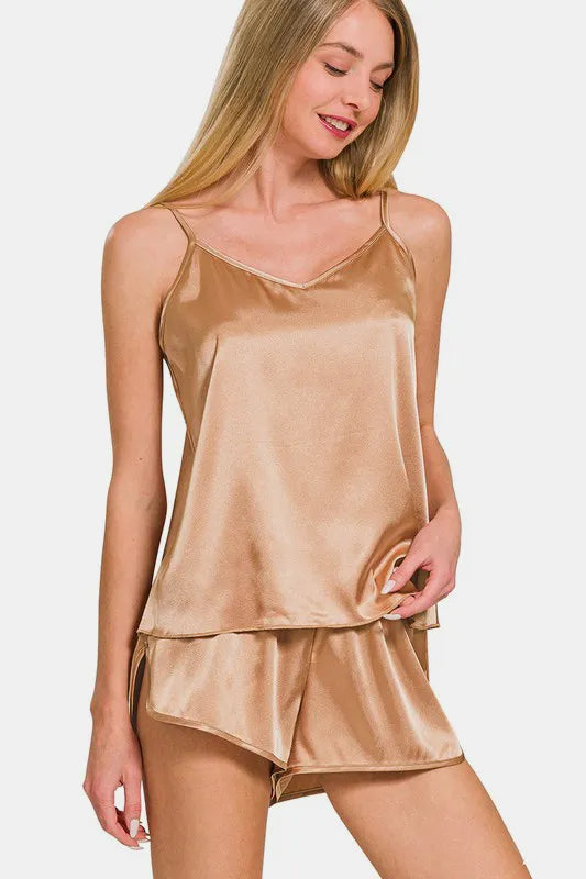 Zenana V-Neck Satin Cami and Elastic Waist Shorts Lounge Set - Premium Sleepwear from Trendsi - Just $23.99! Shop now at Handbags Specialist Headquarter