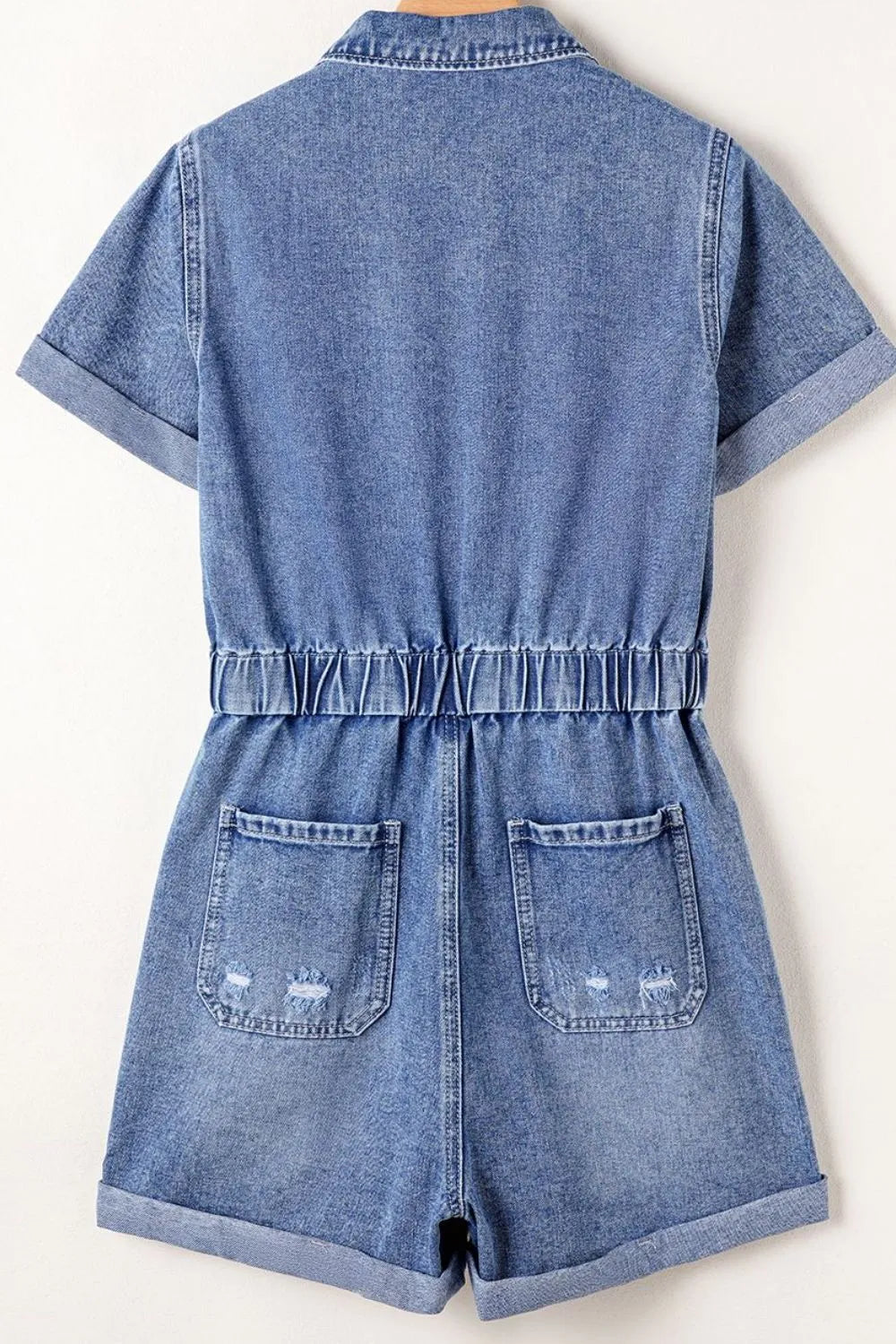 Chest Pocket Front Buttoned Folded Edge Denim Short Sleeve Romper - Premium Women / Jeans & Denim from Trendsi - Just $62.04! Shop now at Handbags Specialist Headquarter