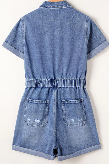 Chest Pocket Front Buttoned Folded Edge Denim Short Sleeve Romper - Premium Women / Jeans & Denim from Trendsi - Just $62.04! Shop now at Handbags Specialist Headquarter