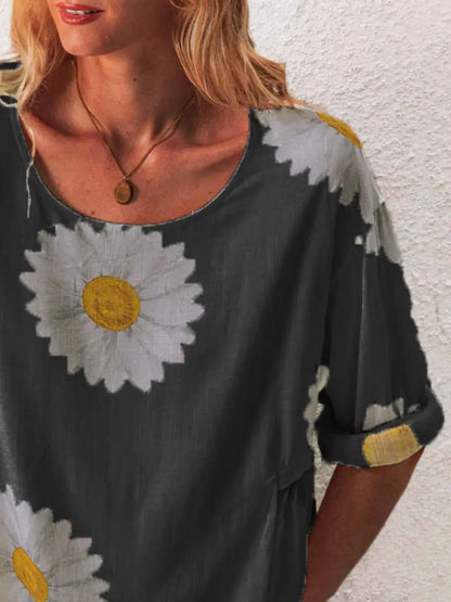 Full Size Flower Round Neck Half Sleeve T-Shirt Plus Size - Premium Women Plus Size from Trendsi - Just $18.76! Shop now at Handbags Specialist Headquarter